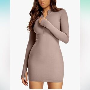 NWT REORIA Fall Casual Front Zipper Long Sleeve Dress Trendy Bodycon Mini Dress